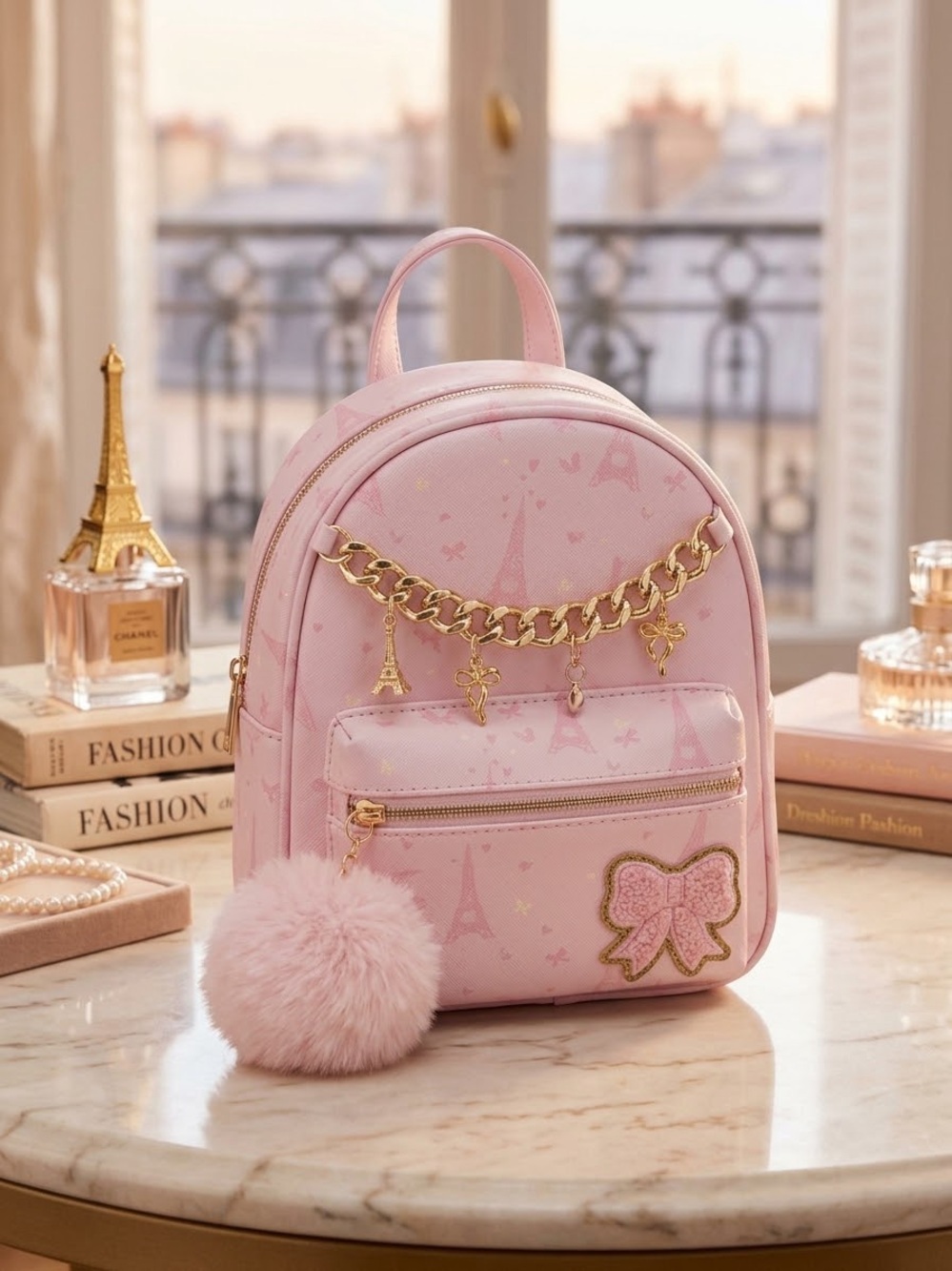 Kids Pink Mini Backpack with Gold Chain and Pom Pom